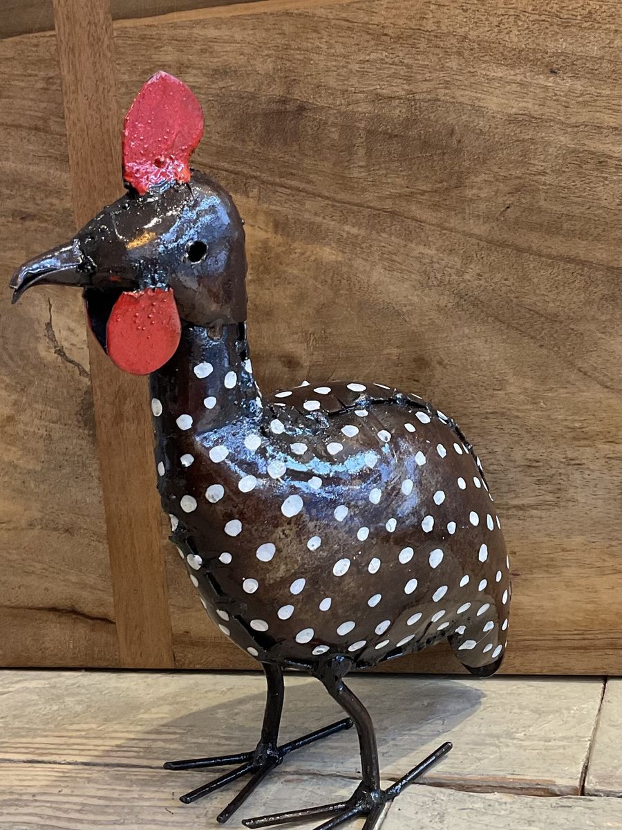 Guinea fowl chick metal garden sculpture