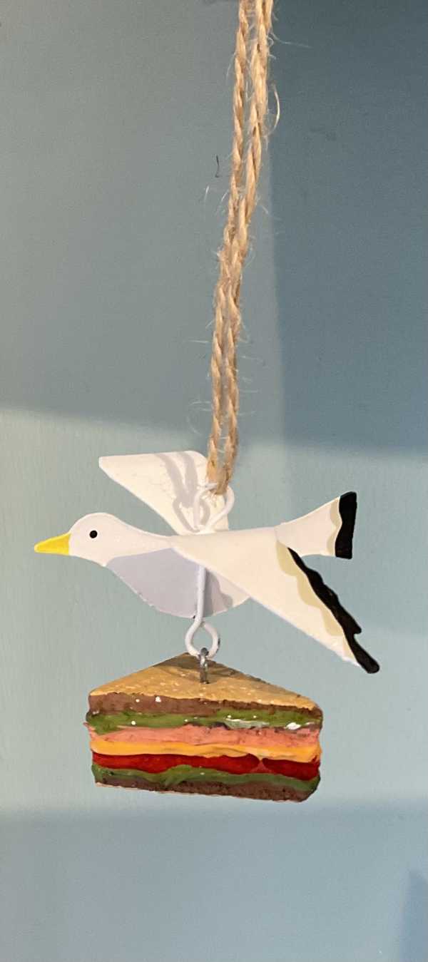Seagull stealing sandwich hanging seaside decoration 