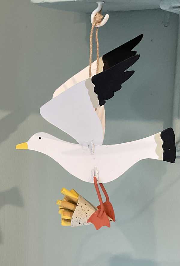 Large seagull stealing chips hanging seaside decoration 