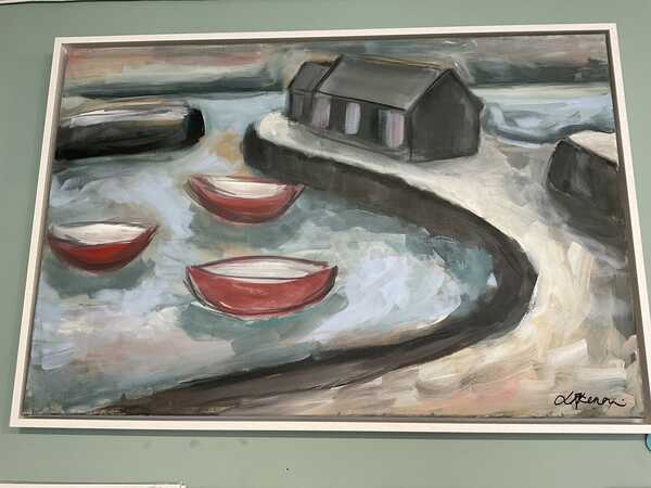 Harbour with red boats seaside  original painting