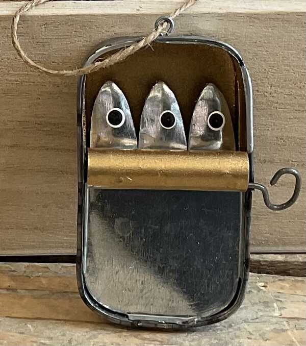 Small tin of sardines hanging seaside decoration 
