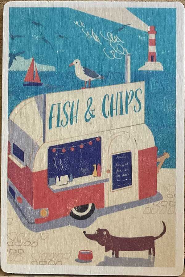 Fish & chips! Wooden seaside postcard