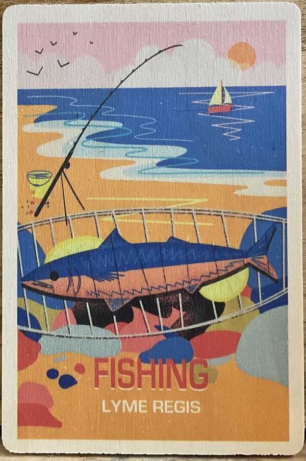 Fishing in Lyme Regis, wooden seaside postcard