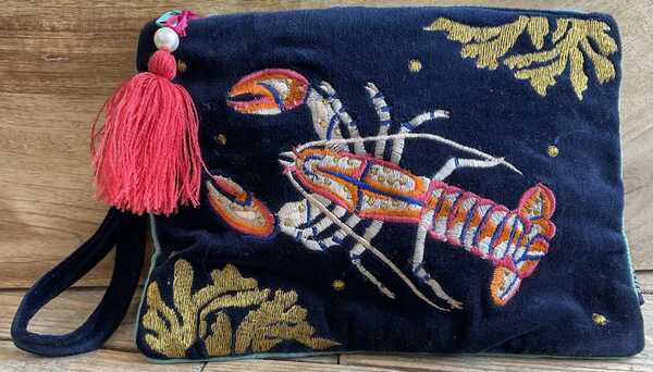 Lobster embroidered velvet clutch bag
