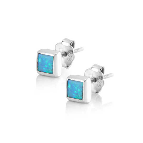 Ocean blue square opal sterling silver stud earrings