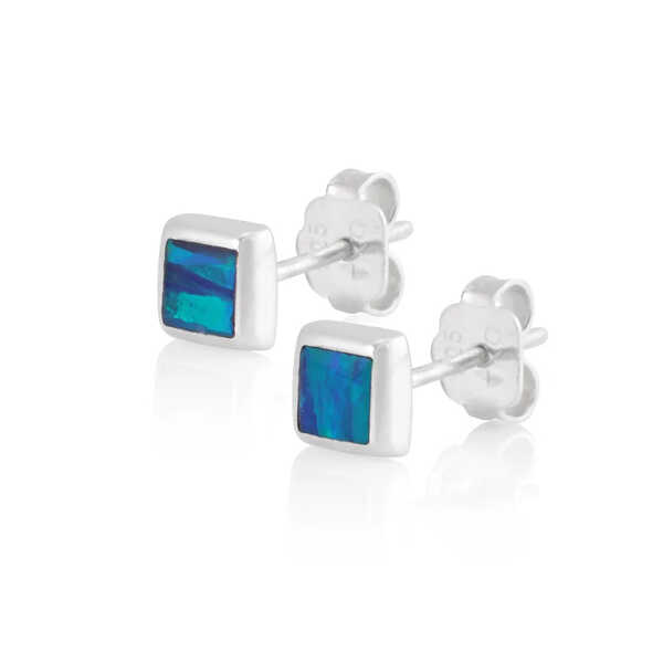 Navy opal square sterling silver stud earrings 