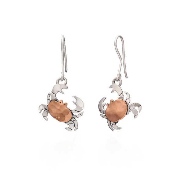 Copper & silver crab design sterling silver drop earrings