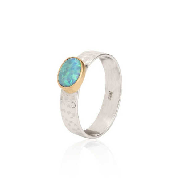 Sterling silver Medium band  hammered opal ring