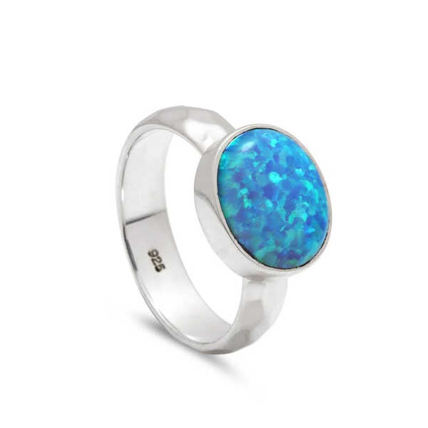 Sterling silver large band hammered opal ring