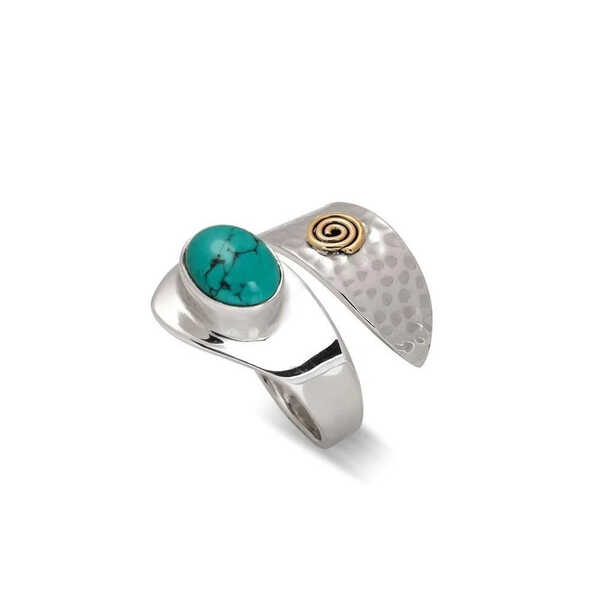 Sterling sivler swirl adjustable ring with turquoise stone and brass detail