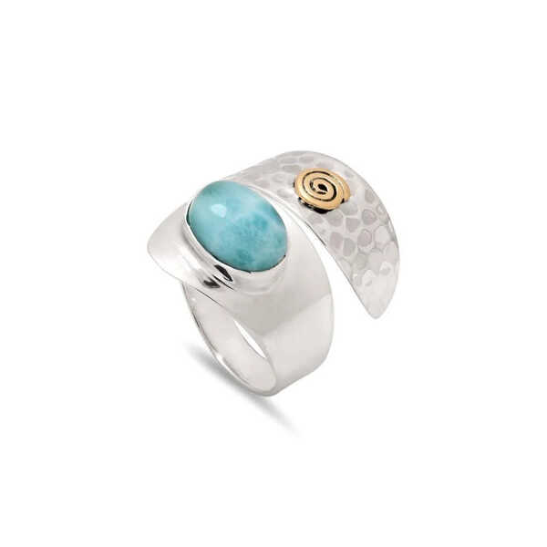 Sterling silver adjustable swirl ring with Larimar stone and brass detail 